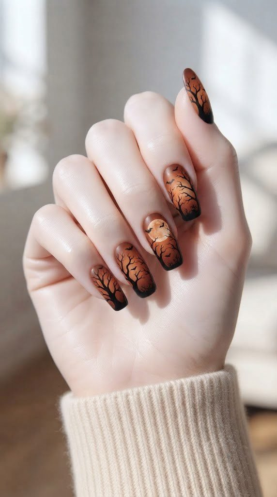 Bat nails Halloween with a harvest moon and gnarled tree silhouettes