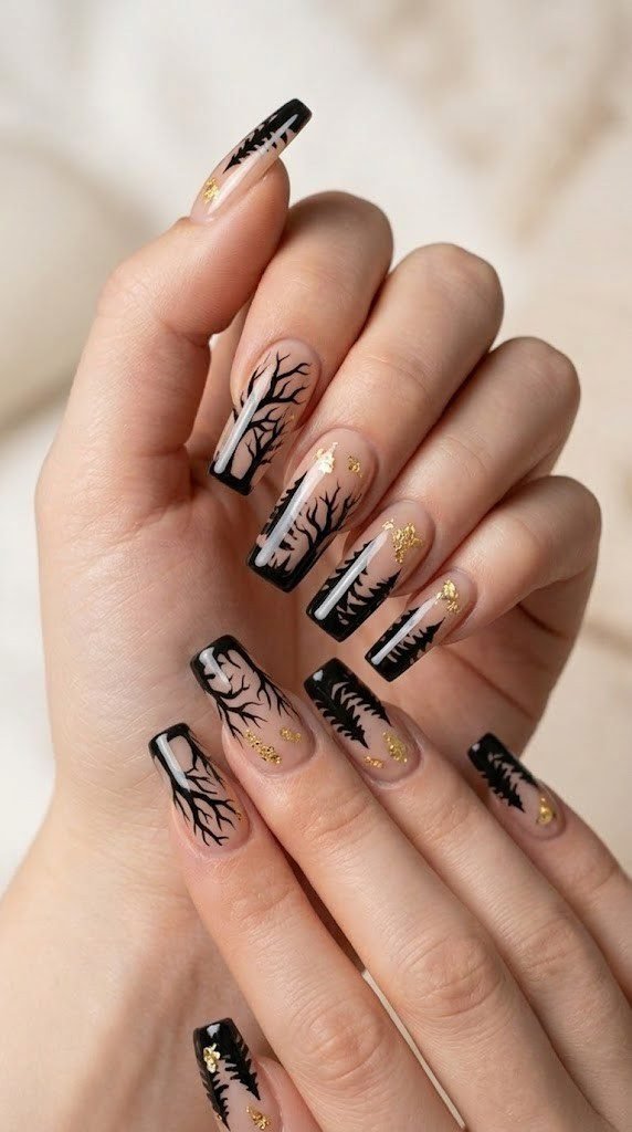 Semi-sheer nude nail design with jet black forest silhouettes and gold leaf shards