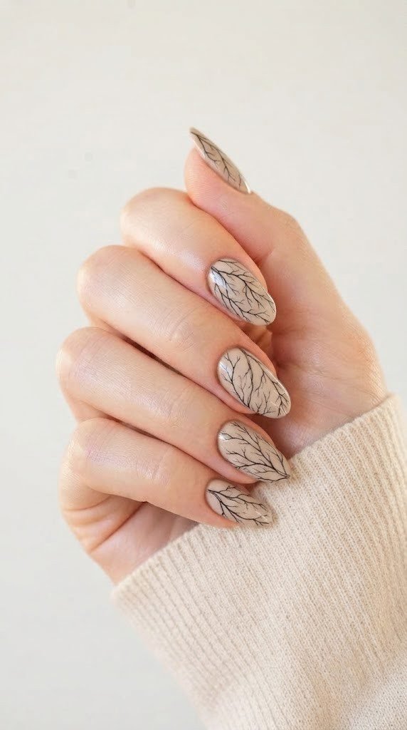 Oatmeal nail art with fine-line black branch etching for fall
