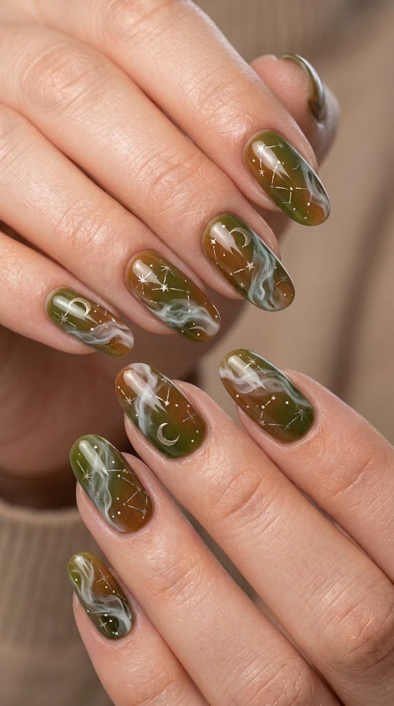 Olive green and cider brown gradient nails with star maps and ghostly fog details