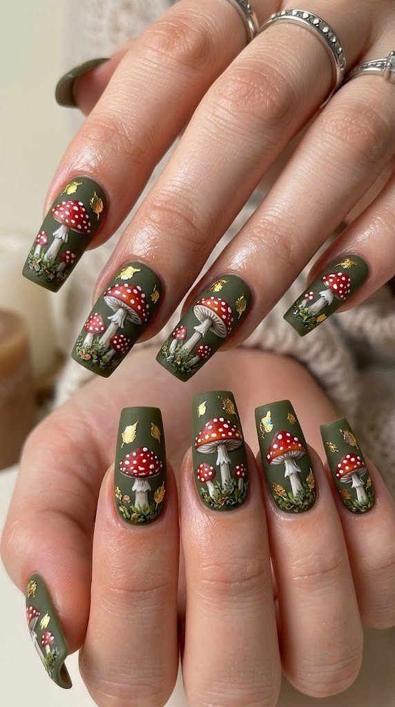 Earthy olive green nail art with bright red toadstool mushrooms and gold leaf flecks