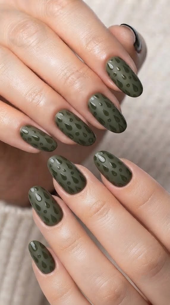 Olive green raindrop texture nail design in matte and gloss