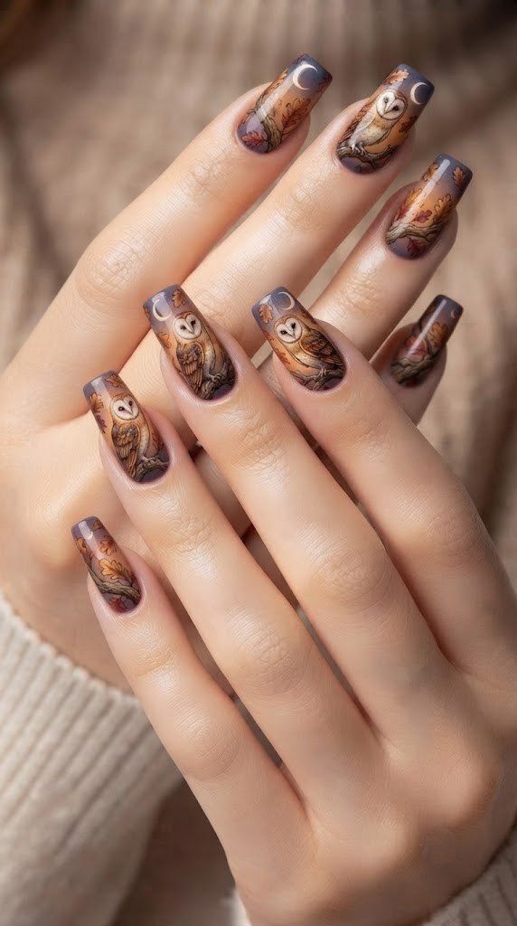 Owl in oak branch nail art with crescent moon detail