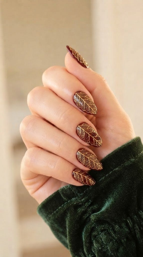 Oxblood autumn nail design with raised gold filigree pattern