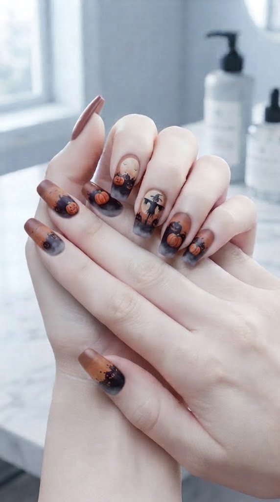 Plum-black pumpkin patch Halloween nail designs with a scarecrow silhouette
