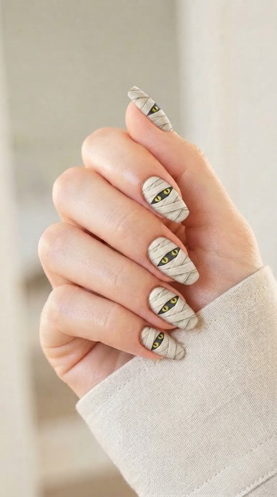 Off-white coffin nails with diagonal mummy bandage wraps and yellow eyes