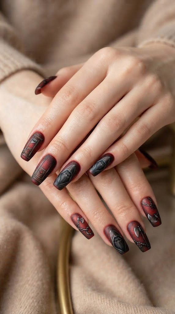 Blood-red and steel halloween nails with guillotine artwork
