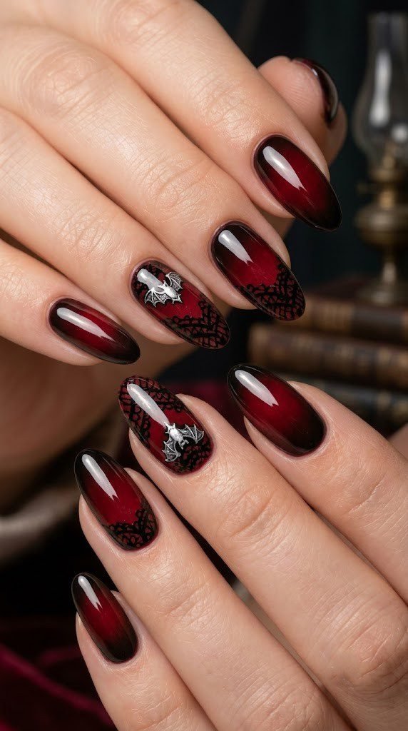 Crimson-black halloween nails with hand-painted lace choker art