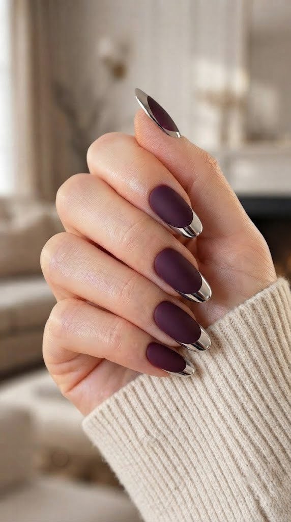Plum and platinum reimagined French tip nail design for fall manicures