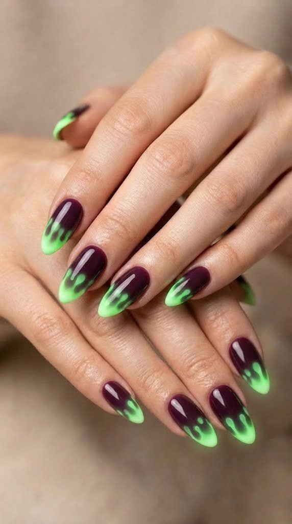 Neon green poison apple drip effect over a midnight plum Halloween nail design