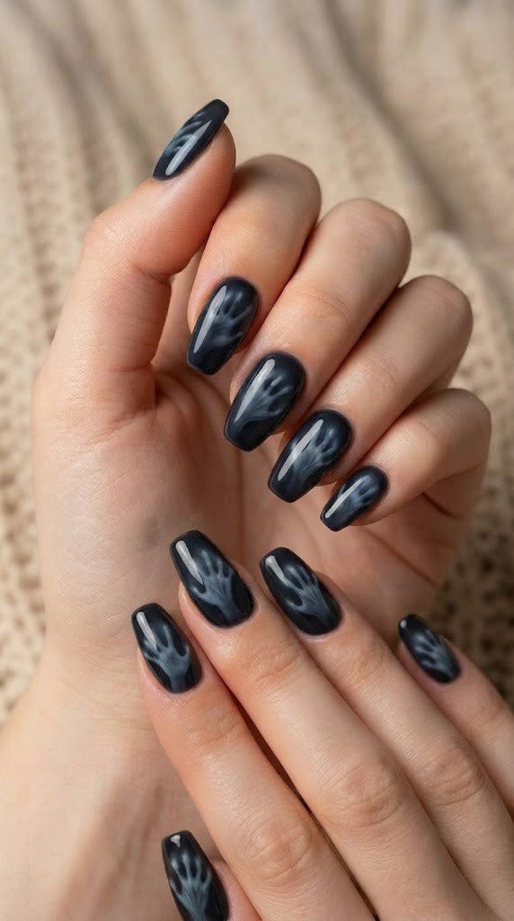 Dark halloween nails with spectral hands beneath glossy gel