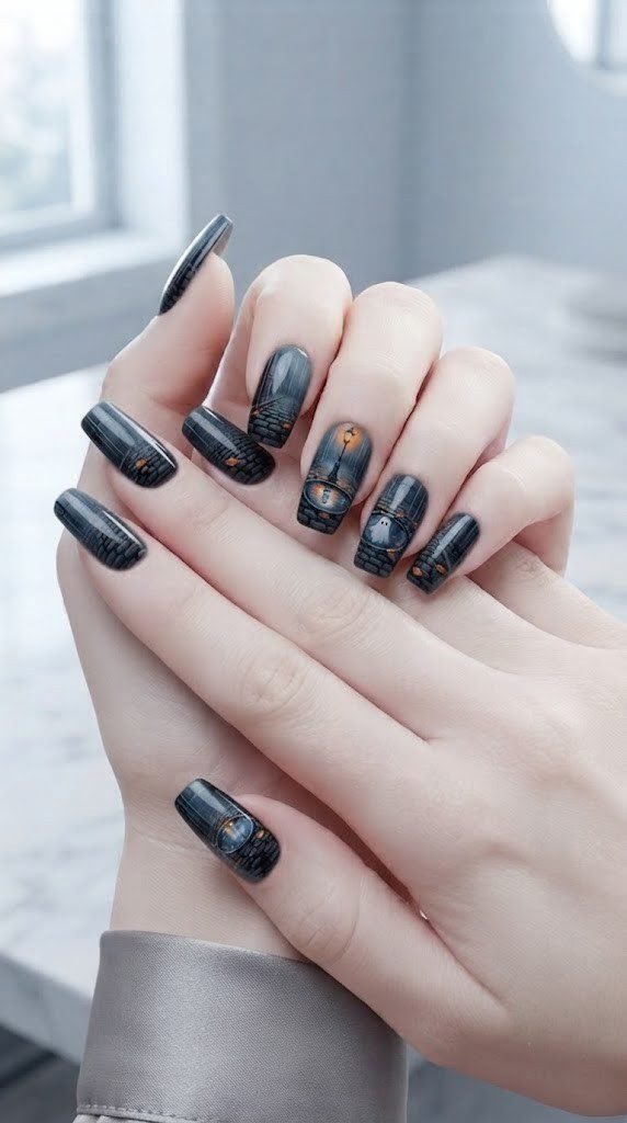 Halloween coffin nails with a rainy street scene and a ghostly puddle reflection