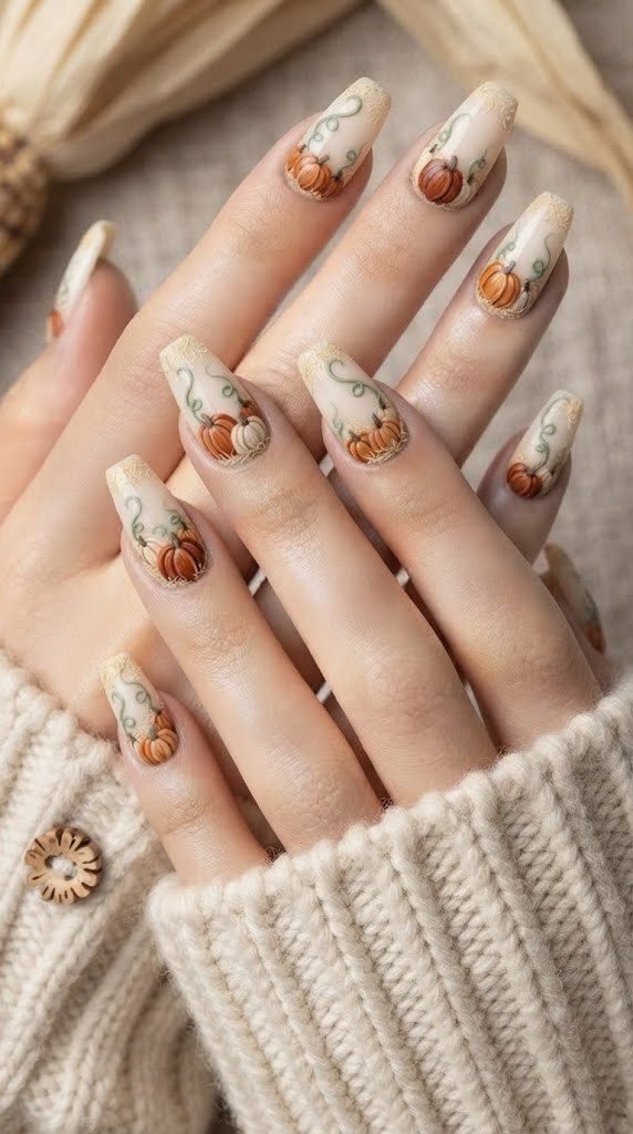 Cream coffin nails painted with a whimsical miniature pumpkin patch scene