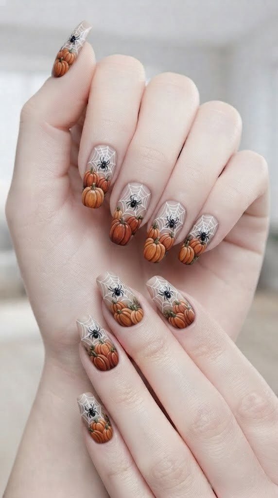 Halloween nail designs with graduated orange pumpkins and a hand-piped spiderweb