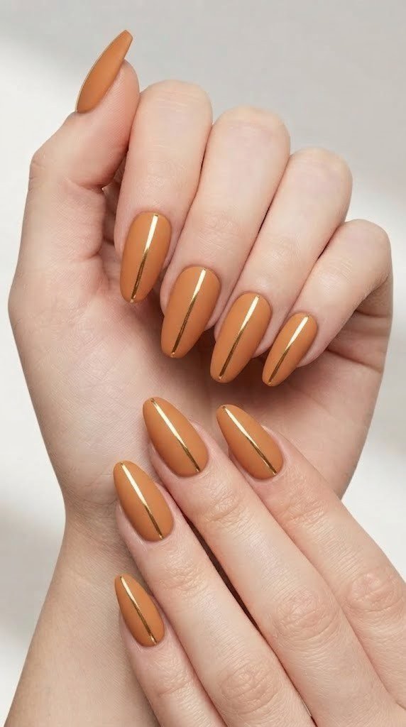 Matte pumpkin spice nails with a single vertical gold foil line