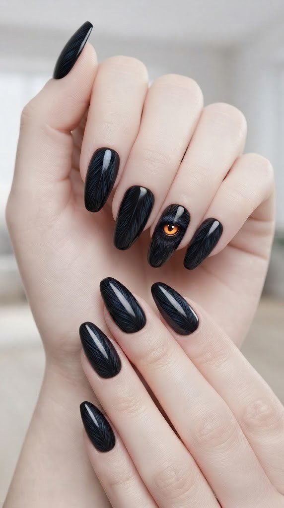 Gothic Halloween nails with raven feather texture and a glowing orange eye accent