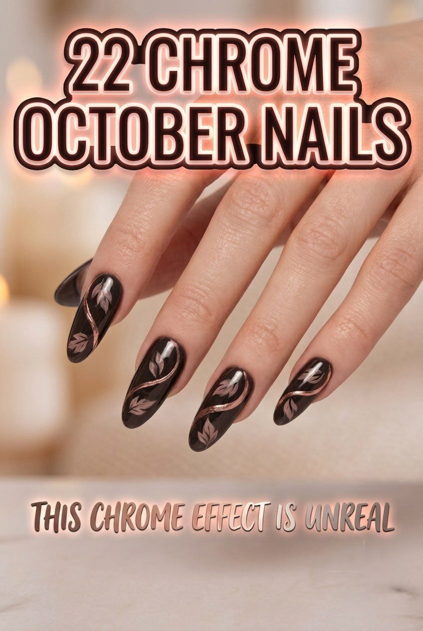 October nails Pinterest pin with birch bark chrome leaf nail design