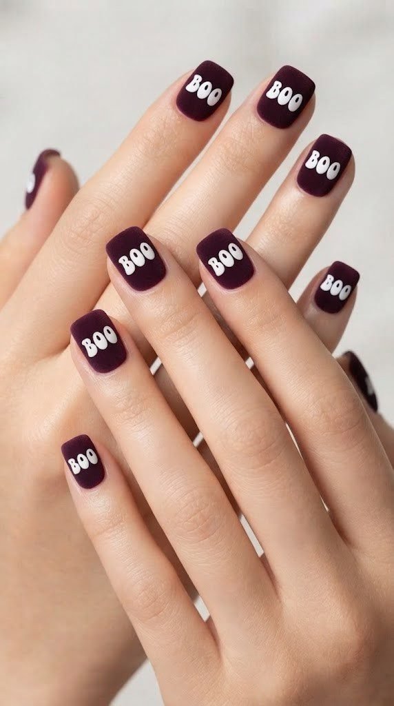 Plum velvet nails spelling BOO in a bouncy retro font, cute Halloween nails short style