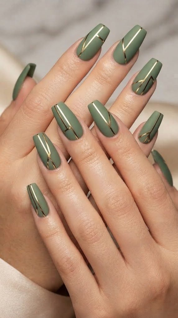 Velvet matte sage green fall nail design with metallic brass linear details