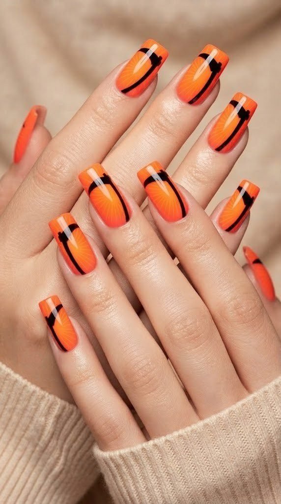 Graphic scythe blade sunburst halloween nail designs in bold contrast