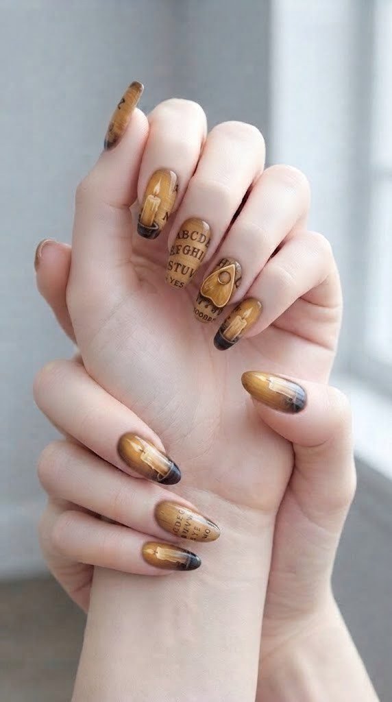 Ouija board Halloween nail designs with a glossy planchette mid-slide