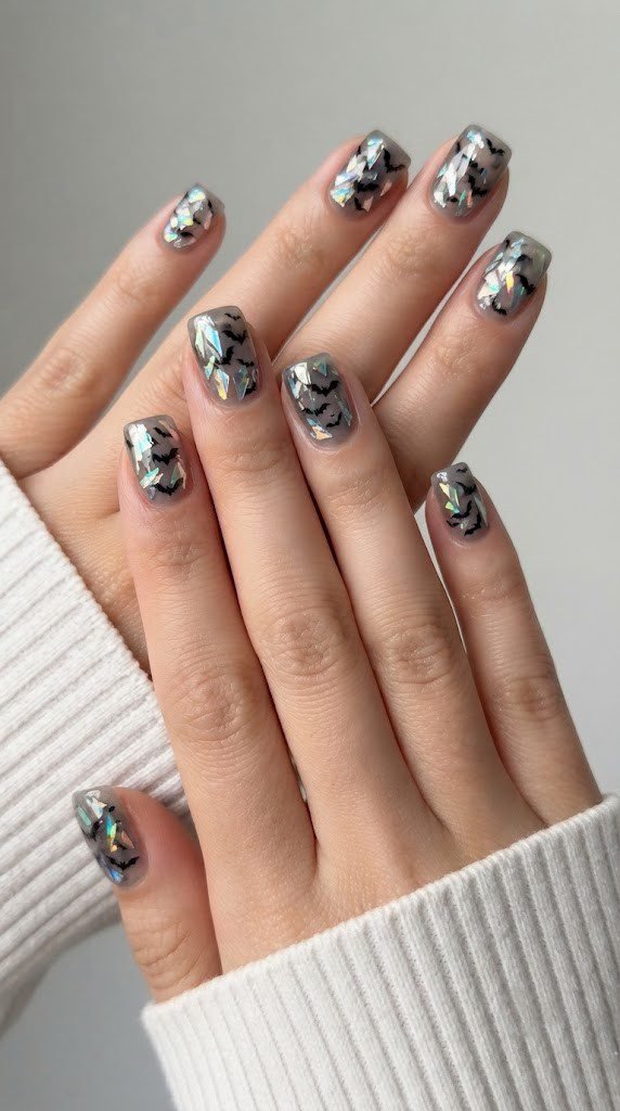 Smoky chrome nails with shattered mirror shards and hidden bat silhouettes
