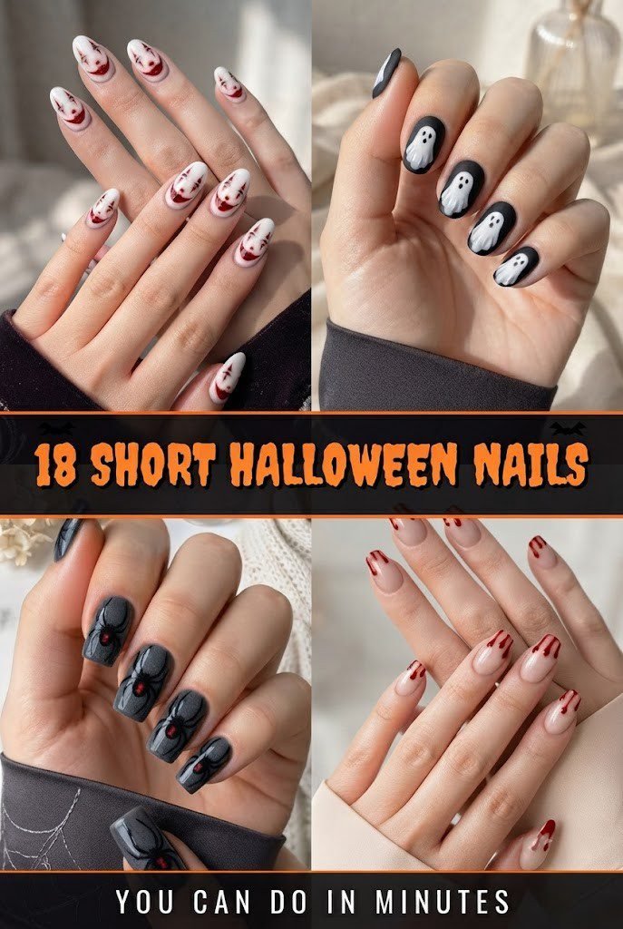 Short Halloween nails styled with a twilight witch and flying bats