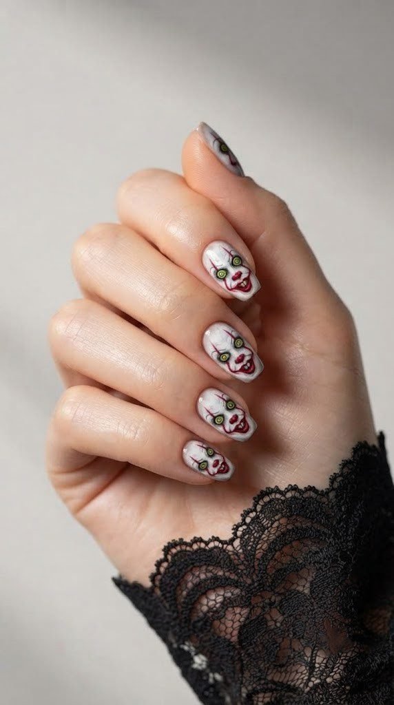 Stark white coffin nails with smeared red clown smile Halloween design