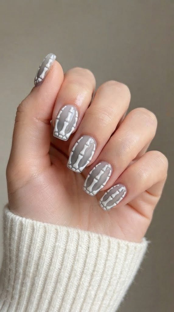 Eerie grey fog coffin nails with white skeletal bone Halloween wraps