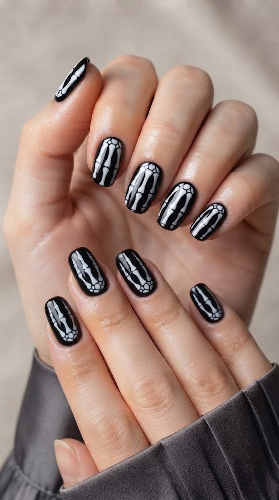 Abyss-black nails painted with fine white skeleton bone linework