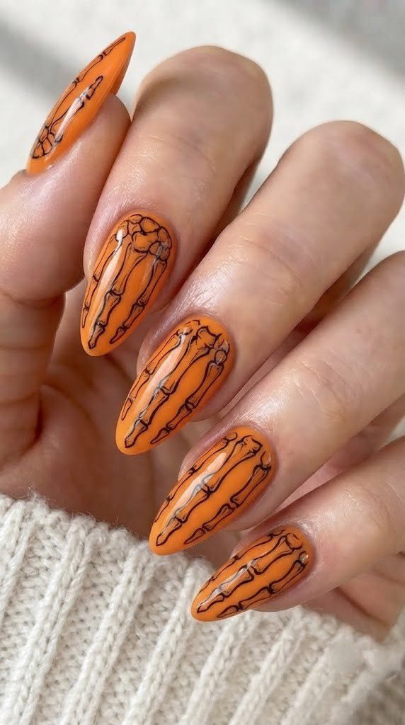 Skeleton bone wrap october nails on almond tips with bold linework