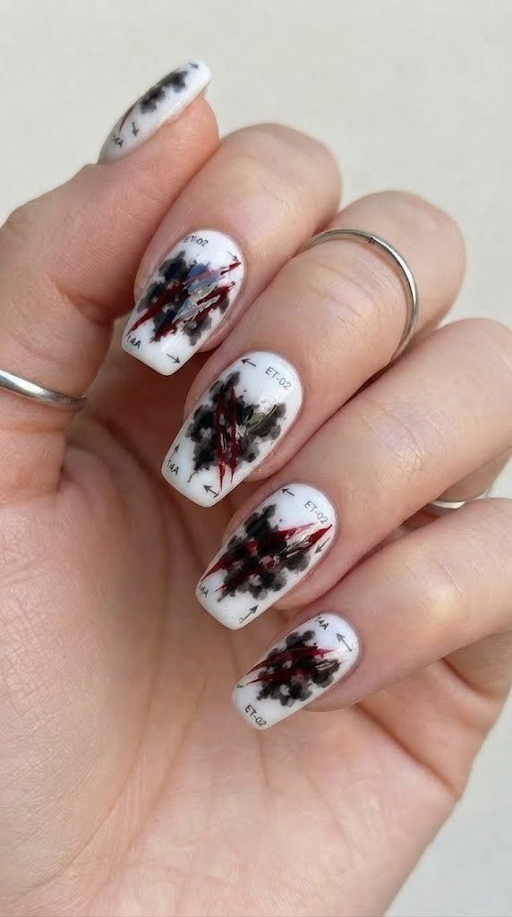White glossy nails with ink blot patterns and oxblood slash marks, scary Halloween nails