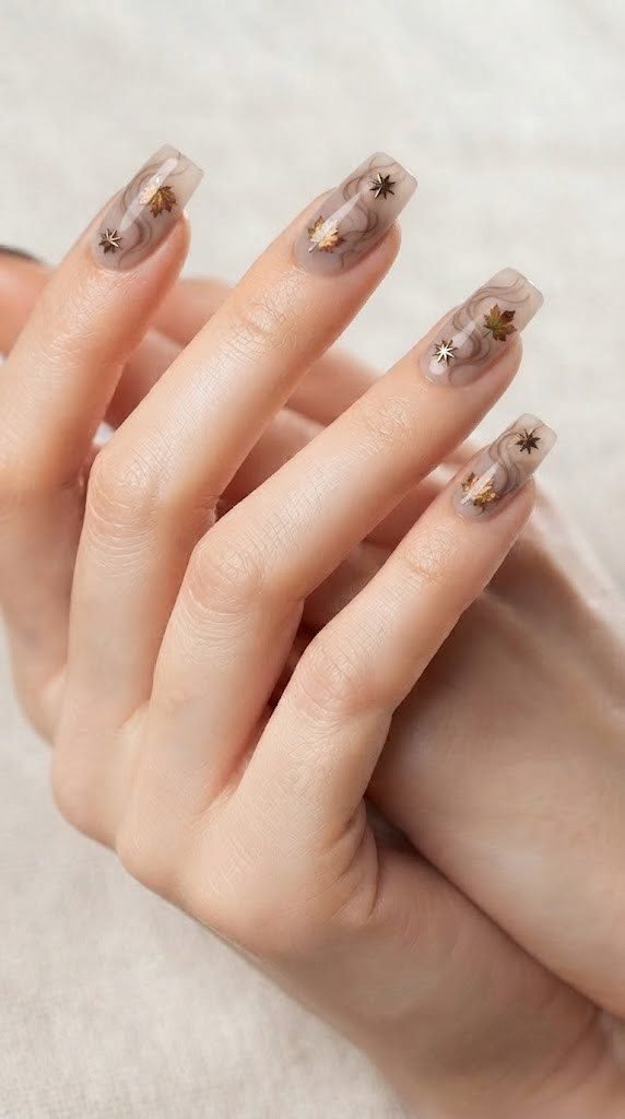 Milky taupe square nails with smoked cinnamon swirls and a bronze star