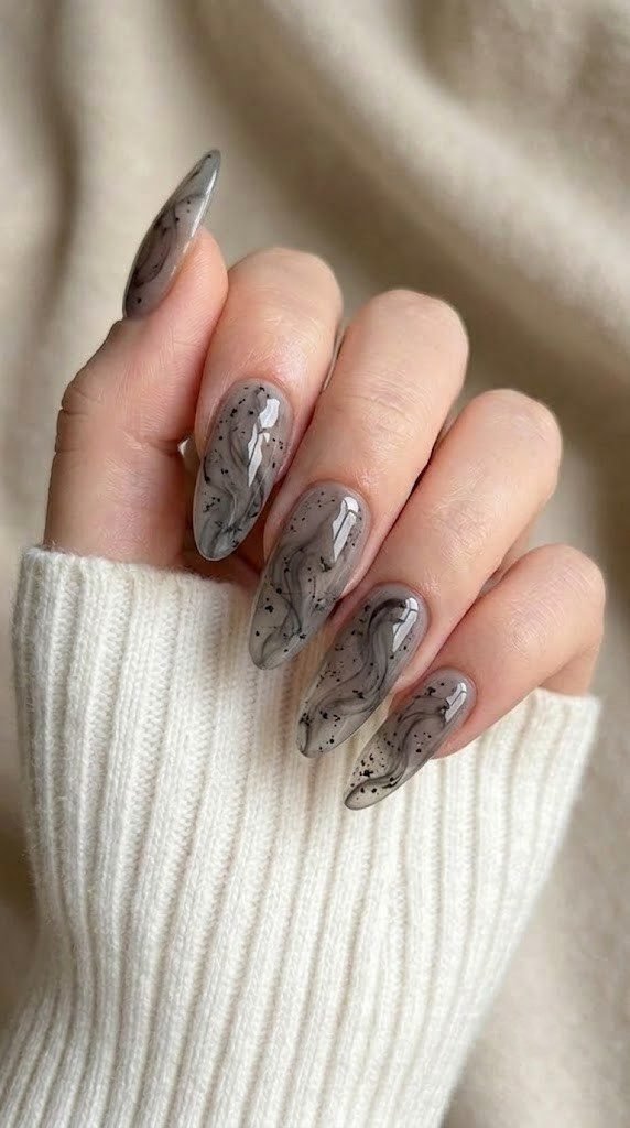 Sheer smoky grey nails with wispy autumn smoke and delicate ash charcoal detailing
