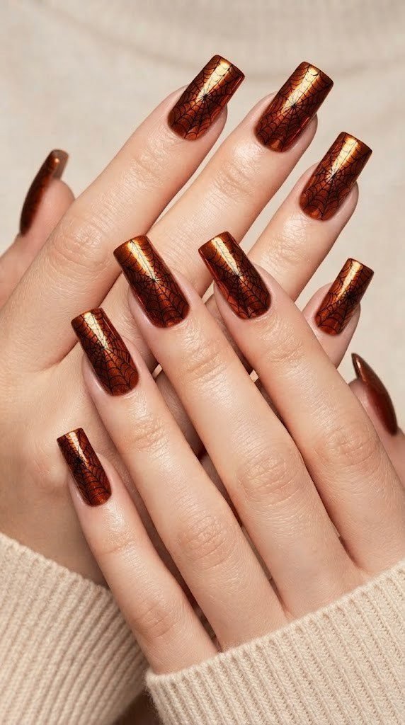 Micro spiderweb chrome black and orange nail designs for October on square tips