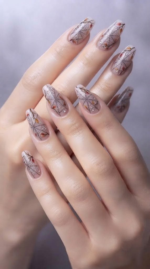 Spiderweb dew drop nail art on a dusty lavender background