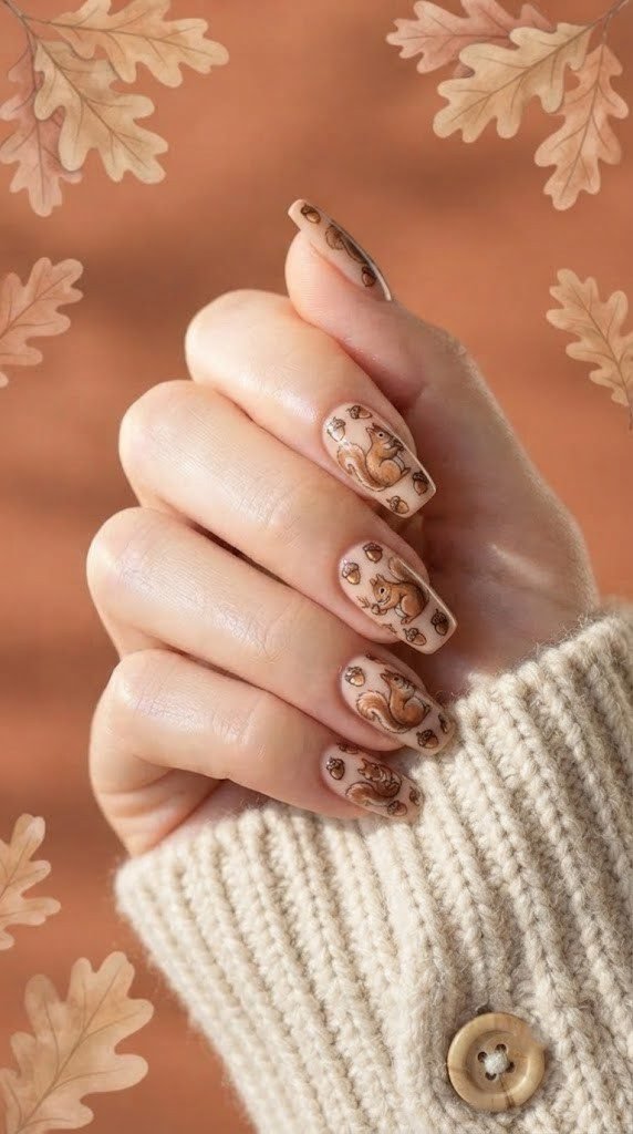 Terracotta square nails with an illustrated squirrel gathering tiny acorns