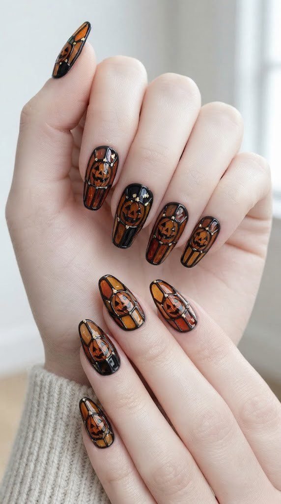 Halloween coffin nails with stained glass panels in jewel-toned orange and amber