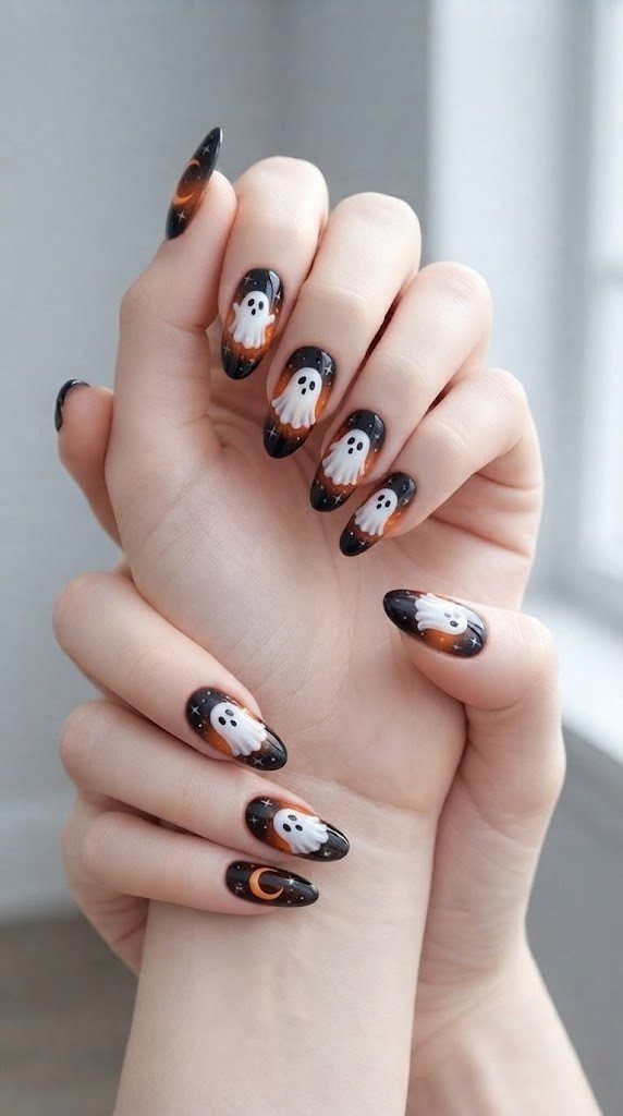 Halloween almond nails with three glossy ghosts floating against a starry gradient sky