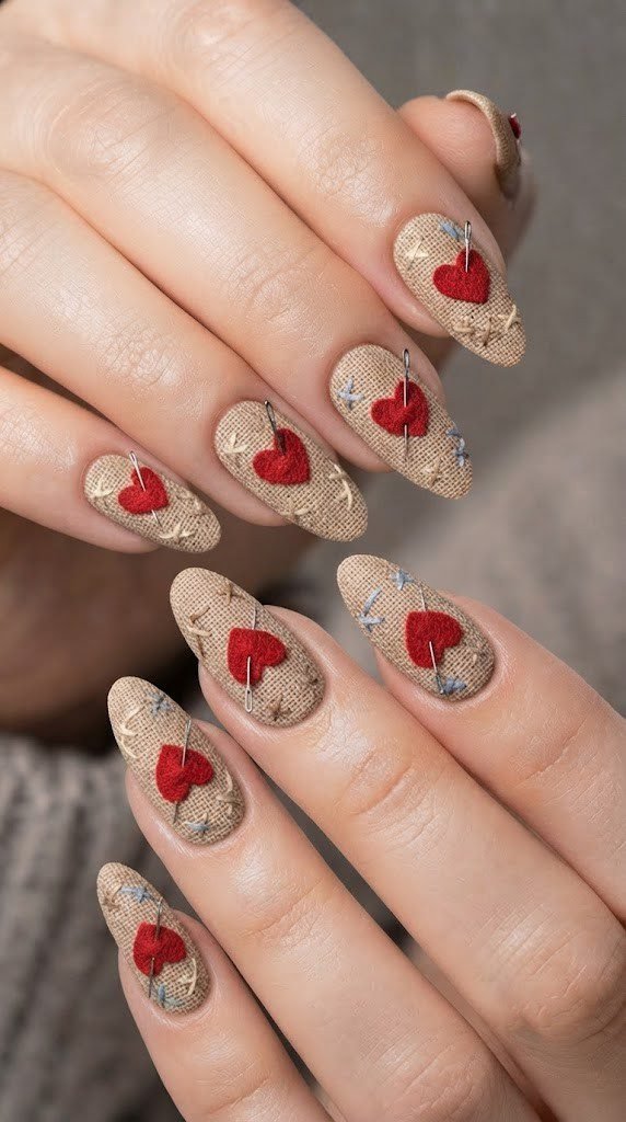 Burlap-textured nails with cross-stitch marks and a tiny red heart