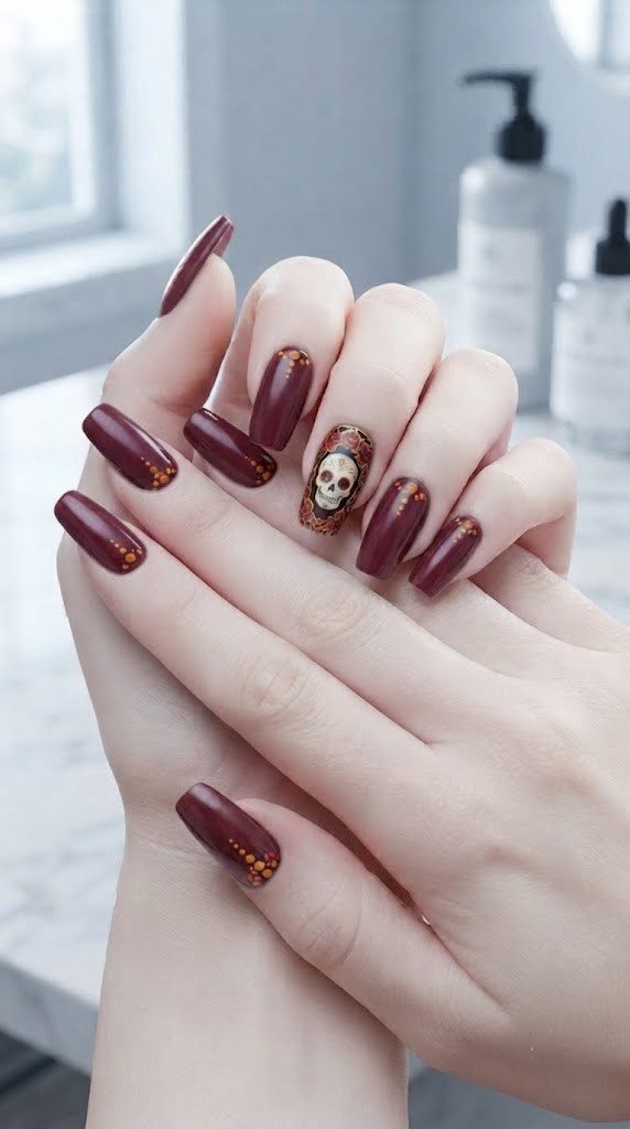 Ivory sugar skull Halloween nail design with burnt-orange floral detailing