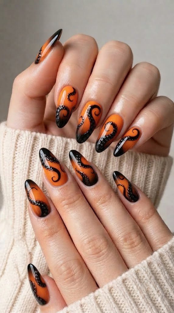 Surreal tentacle wrap halloween nail designs on almond tip nails