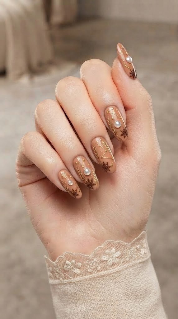 Terracotta almond nails with gold constellations and pearl moon phases
