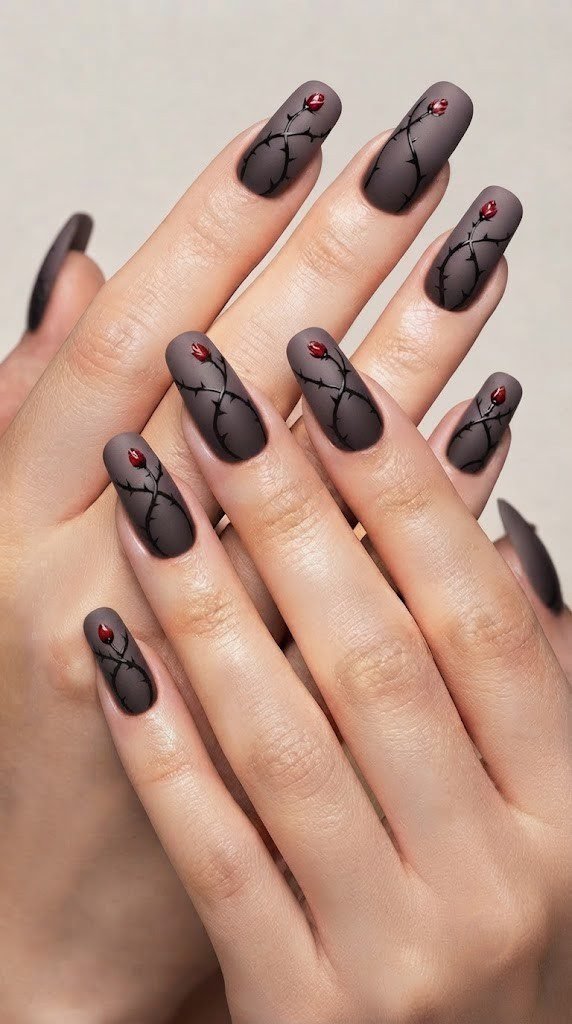 Deep plum Halloween nail design wrapped in black thorn vines