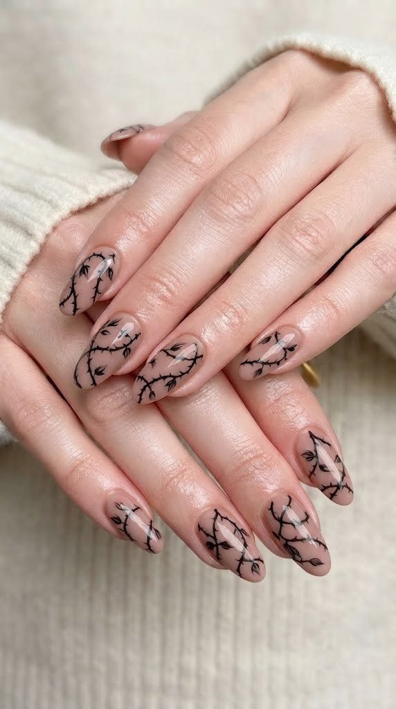 Dusty rose nude nails wrapped in delicate thorny bramble vine nail art
