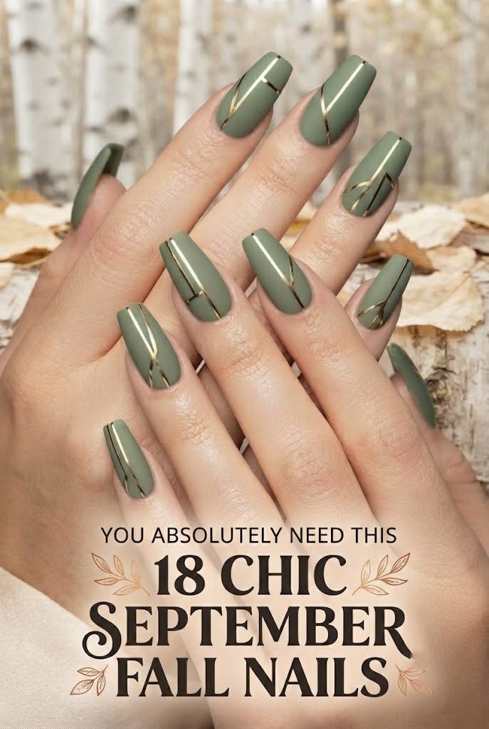 Matte sage green fall nail colors design with gold linework on birch backdrop