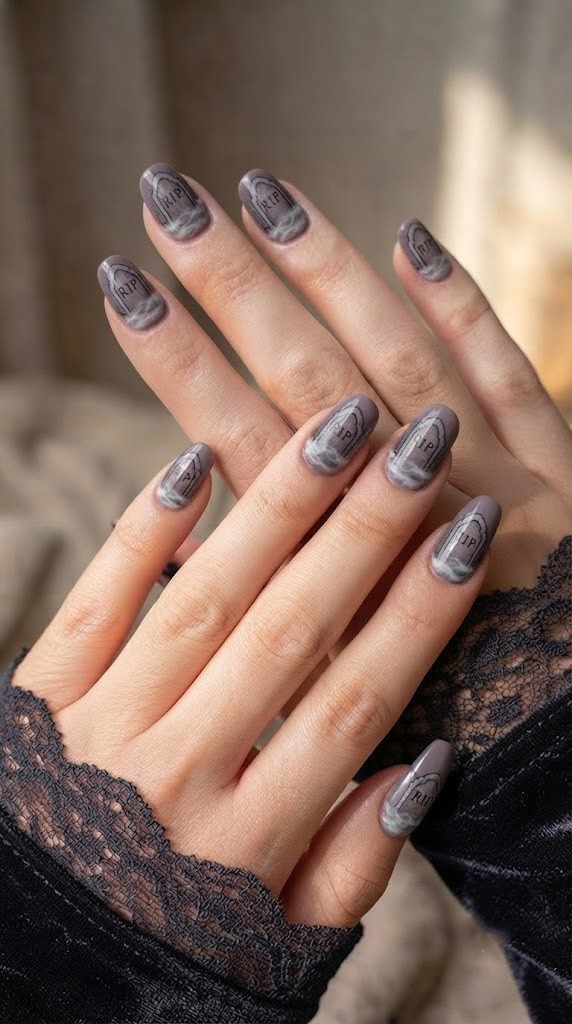 Purple-grey graveyard nails with tombstones and rolling Halloween fog