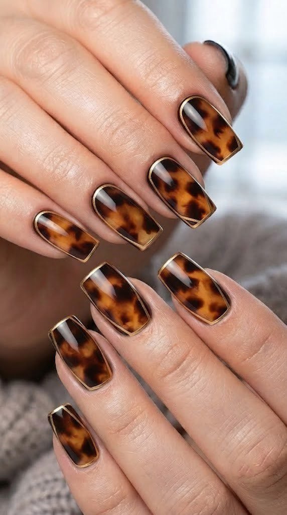 Honey-toned tortoiseshell fall nail design with gold outline detail