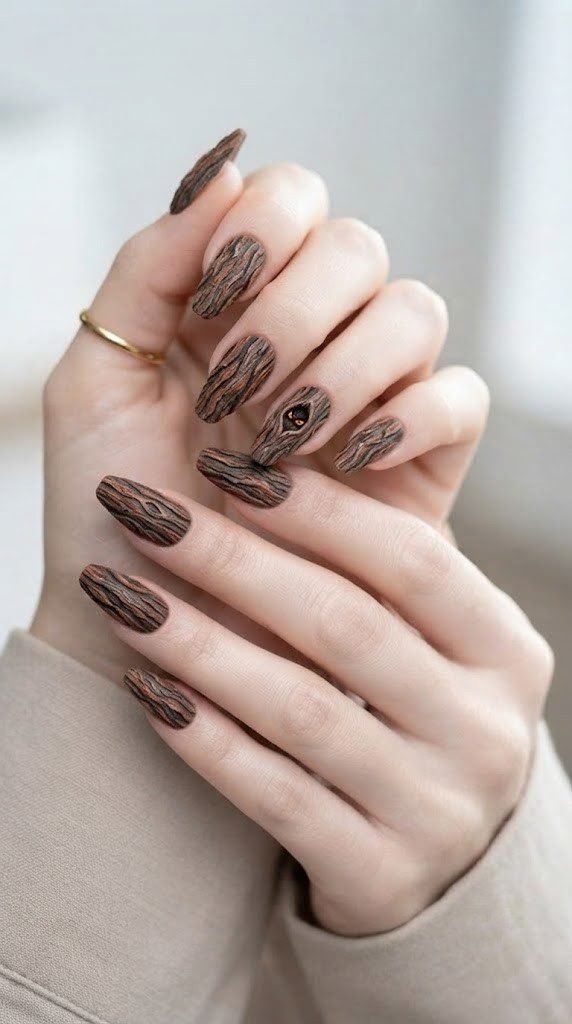 Textured tree bark Halloween nail art with glowing amber eyes peeking out