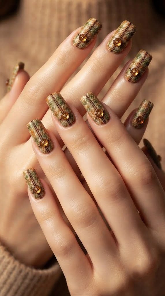 Tweed textured nail design with illustrated amber buttons